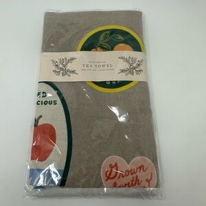 Rifle Paper Co Tea Towel Beige Colorful Fruit Stickers 100% Cotton 21”x28” NEW